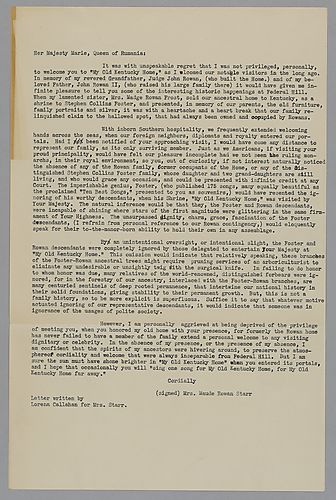 Mrs. Maude Rowan Starr to Her Majesty Marie, Queen of Rumania (2 copies)