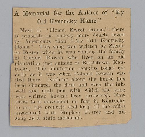 News clipping dealing with the memorial of My Old Kentucky Home
