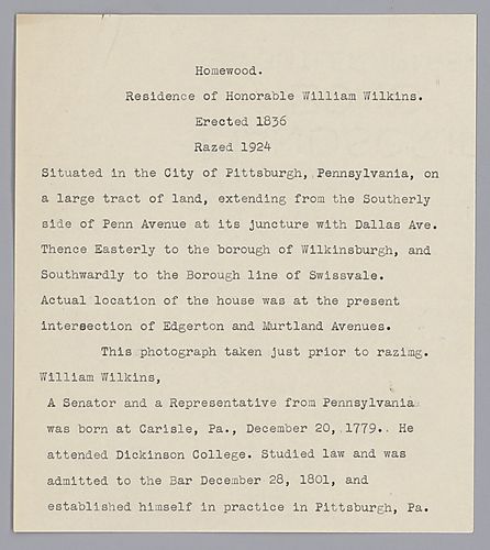Description of "Homewood," Home of William Wilkins