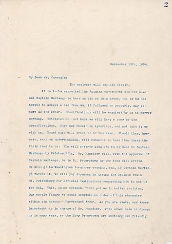 Frick writes on bidding for an armor contract with the Russian government and on the arrival of the Russian's specifications so they can quote a price