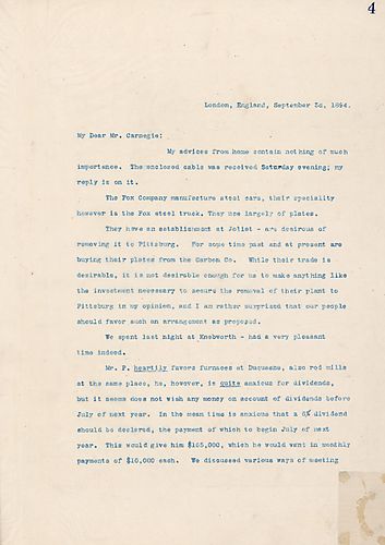 Frick writes on his skepticism about moving the Fox Company to Pittsburgh and Mr. P's [Phipps] desire to have furnaces and rod mills at Duquesne