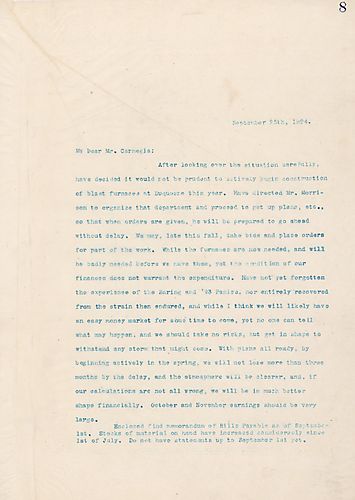 Frick thinks they should begin construction on a blast furnace at Duquesne, tells Carnegie that [Patrick R.] Dillion is leaving the company, and enclosed Schwab's view of the Russian armor contract. [Note: letter not included]