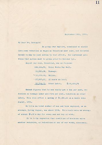 Frick writes on the necessity of cutting wages at Homestead for the coming year, and possibly at Beaver Falls [Pa.], too