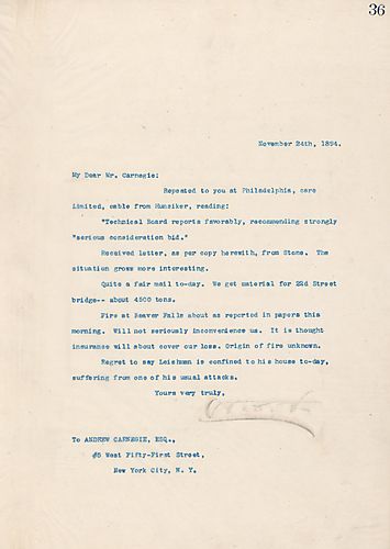 Frick repeats his previous telegram message and reports on a fire at Beaver Falls [Pa.]