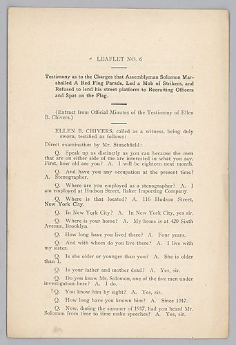 "Leaflet No. 6", Testimony to the Charges Against Assemblyman Solomon