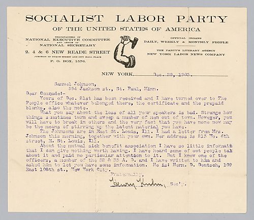 Multiple Socialist Labor Party Documents Addressed to Samuel Johnson