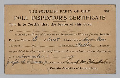 The Socialist Party of Ohio Poll Inspector Certificates (2)