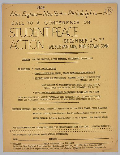 "Call to a Conference on Student Peace Action" Flyer
