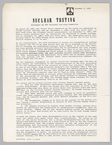 "Nuclear Testing" Statement Released by SPU National Steering Committee