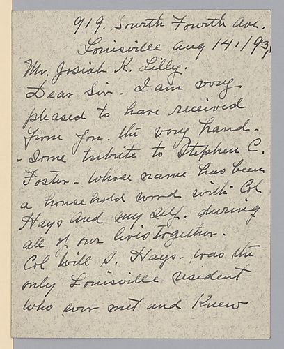 From Mrs. William Shakespeare Hays to Josiah Lilly