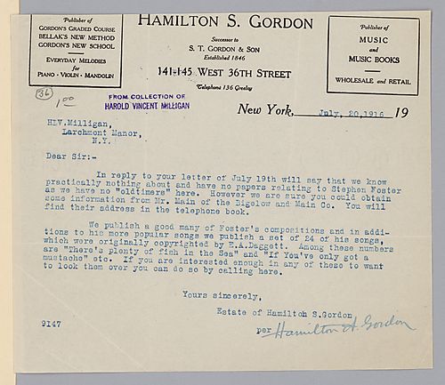From the Estate of Hamilton S. Gordon to Harold Vincent Milligan