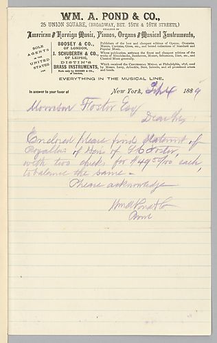 Letter from William A. Pond enclosed with January 1884 royalty statement