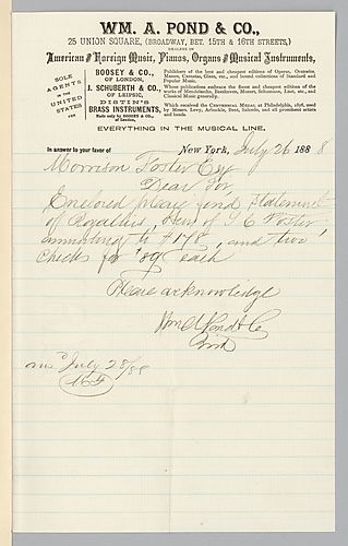 Cover letter for July 1888 royalty statement from William A. Pond & Co.