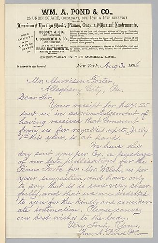 Cover letter for July 1886 royalty statement from William A. Pond & Co.