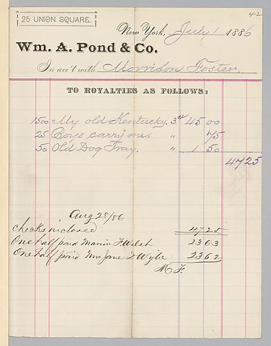 July 1886 royalties statement from William A. Pond & Co.