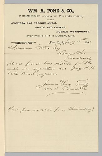 Cover letter for July 1893 royalty statement from William A. Pond & Co.