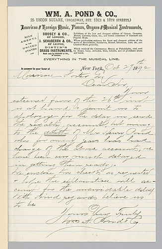 Cover letter for July 1892 royalty statement from William A. Pond & Co.