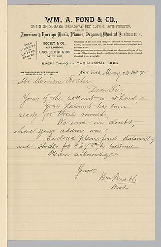 Cover letter for January 1892 royalty statement from William A. Pond & Co.