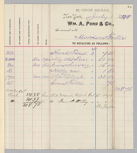 July 1890 royalty statement from William A. Pond & Co.