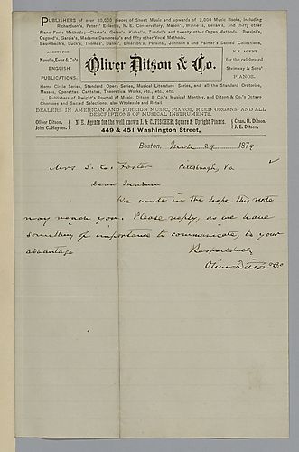 Letter from Oliver Ditson & Co. to Mrs. Stephen Foster (Jane Wiley)