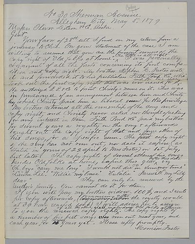 Letter from Morrison Foster to Oliver Ditson & Co.