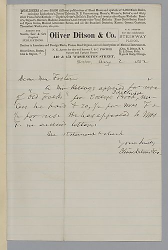 Cover letter for July 1882 royalty statement from Oliver Ditson & Co.