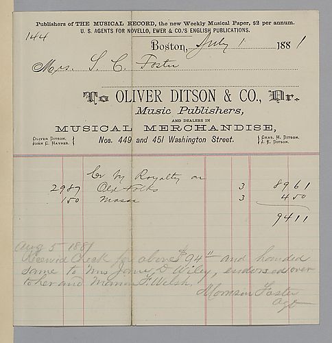 July 1882 royalty statement from Oliver Ditson & Co.
