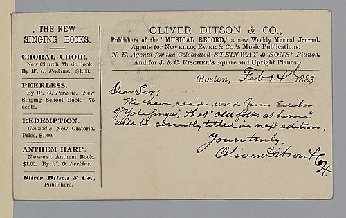 Postcard from Oliver Ditson & Co. to Morrison Foster