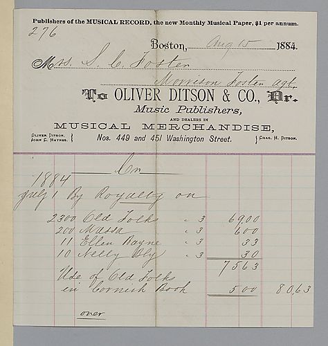 July 1884 royalty statement from Oliver Ditson & Co.