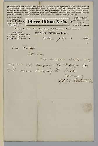 Cover letter for January 1885 royalty statement from Oliver Ditson & Co.
