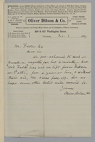 January 1887 royalties and cover letter from Oliver Ditson & Co.