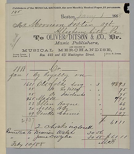 January 1888 royalty statement from Oliver Ditson & Co.