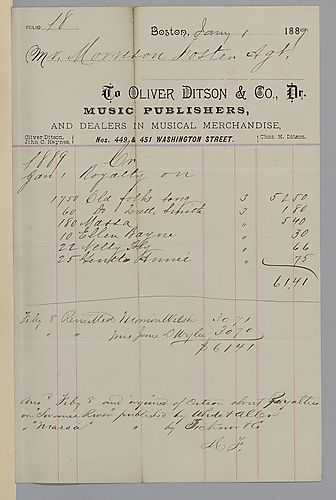 January 1889 royalty statement from Oliver Ditson & Co.