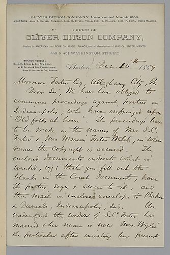 Letter from Oliver Ditson & Co. to Morrison Foster
