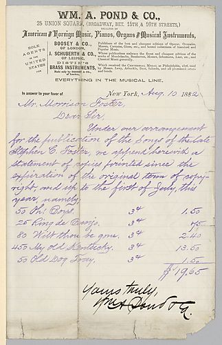 July 1882 royalty statement from William A. Pond & Co.