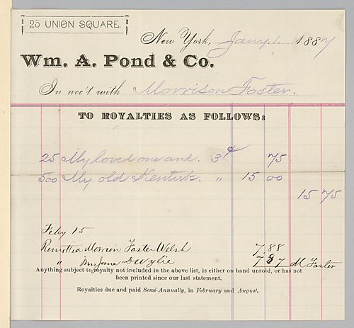 January 1887 royalty statement from William A. Pond & Co.