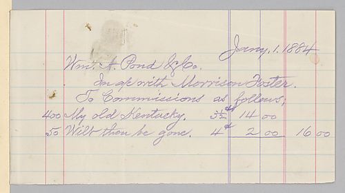 January 1884 royalty statement from William A. Pond & Co.