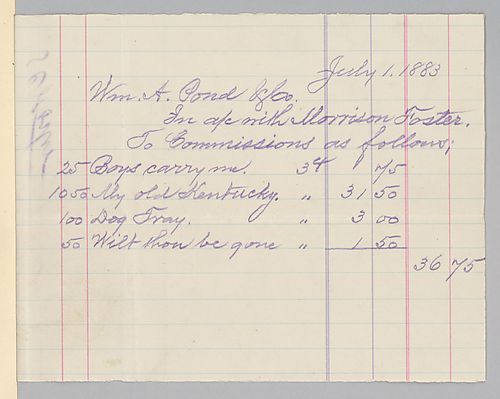 July 1883 royalty statement from William A. Pond & Co.