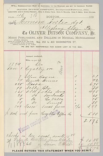 January 1894 royalty statement from Oliver Ditson & Co.