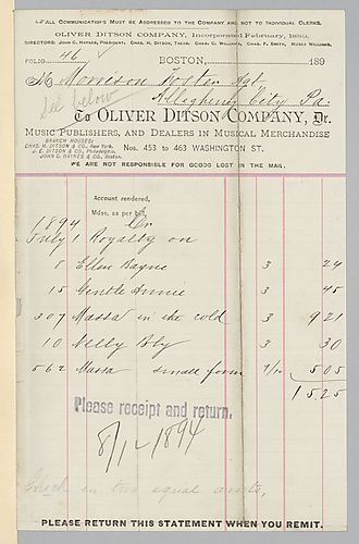 July 1894 royalty statement from Oliver Ditson & Co.