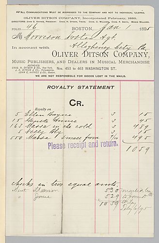 January 1895 royalty statement from Oliver Ditson Company