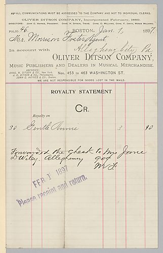 January 1897 royalty statement from Oliver Ditson & Company