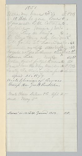 List of Foster songs with copyright dates and publishers (when known), titled 1851 at the top