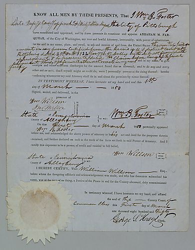 Contract signed by William Foster; asserts that Abraham Farquhar has power to pursue the court case