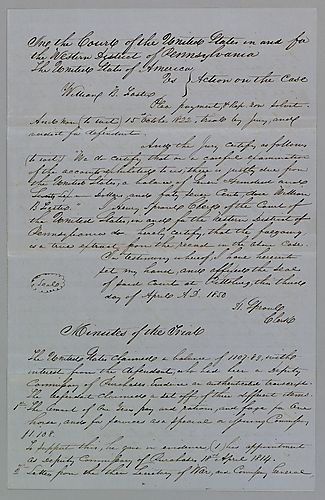 Account of USA vs. William Foster; enclosed in envelope to Honorable D. Hubbard