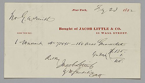 Land Warrant receipt no. 75.445, signed Jacob Little