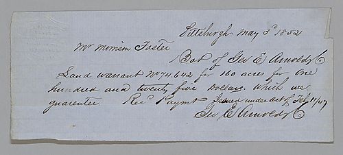 Letter from G.E. Arnolds to Morrison Foster; Land Warrant 74.642 receipt