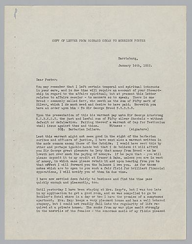 Letter from Richard Cowan to Morrison Foster (retyped by Evelyn Morneweck)