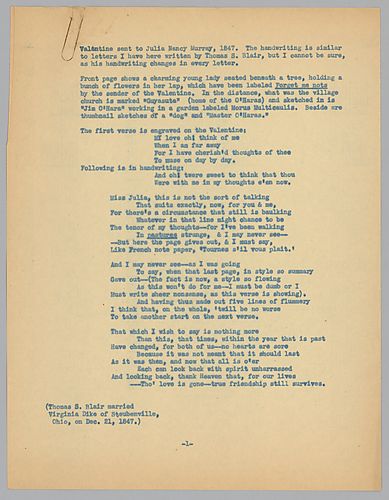 Valentine from Thomas Blair to Julia Murray, retyped by Evelyn Morneweck