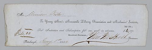 Annual dues for young men's Mercantile Library Association and Mechanic's Institute